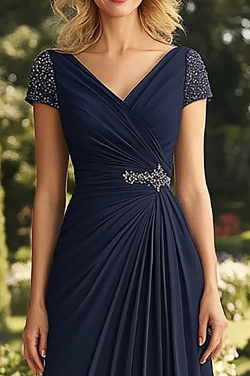 Navy Ruched V-Neck Chiffon Beaded Mother of the Bride Dress with Cap Sleeves